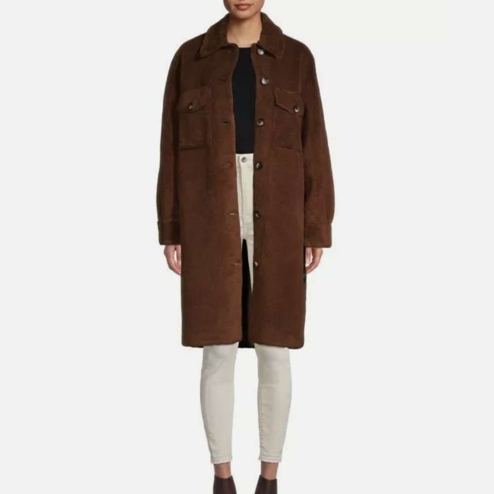Rebecca Minkoff Harper Teddy Plush Faux Fur Wool Long Shacket Coat Womens size L